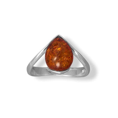 Polished Sterling Silver Pear Baltic Amber Ring