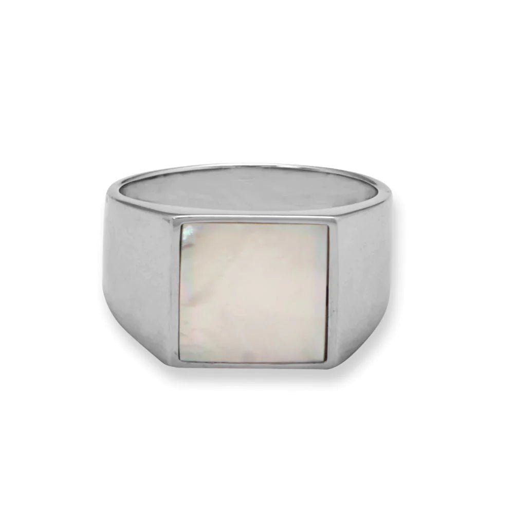 Rhodium-plated Mother of Pearl Ring With Square Signet Design