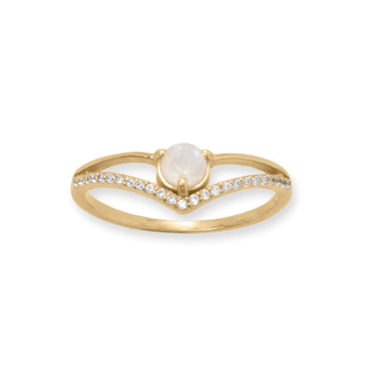 14 Karat Gold Plated CZ and Rainbow Moonstone Ring