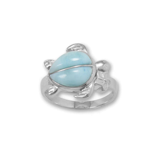 Rhodium Plated Larimar Sea Turtle Ring