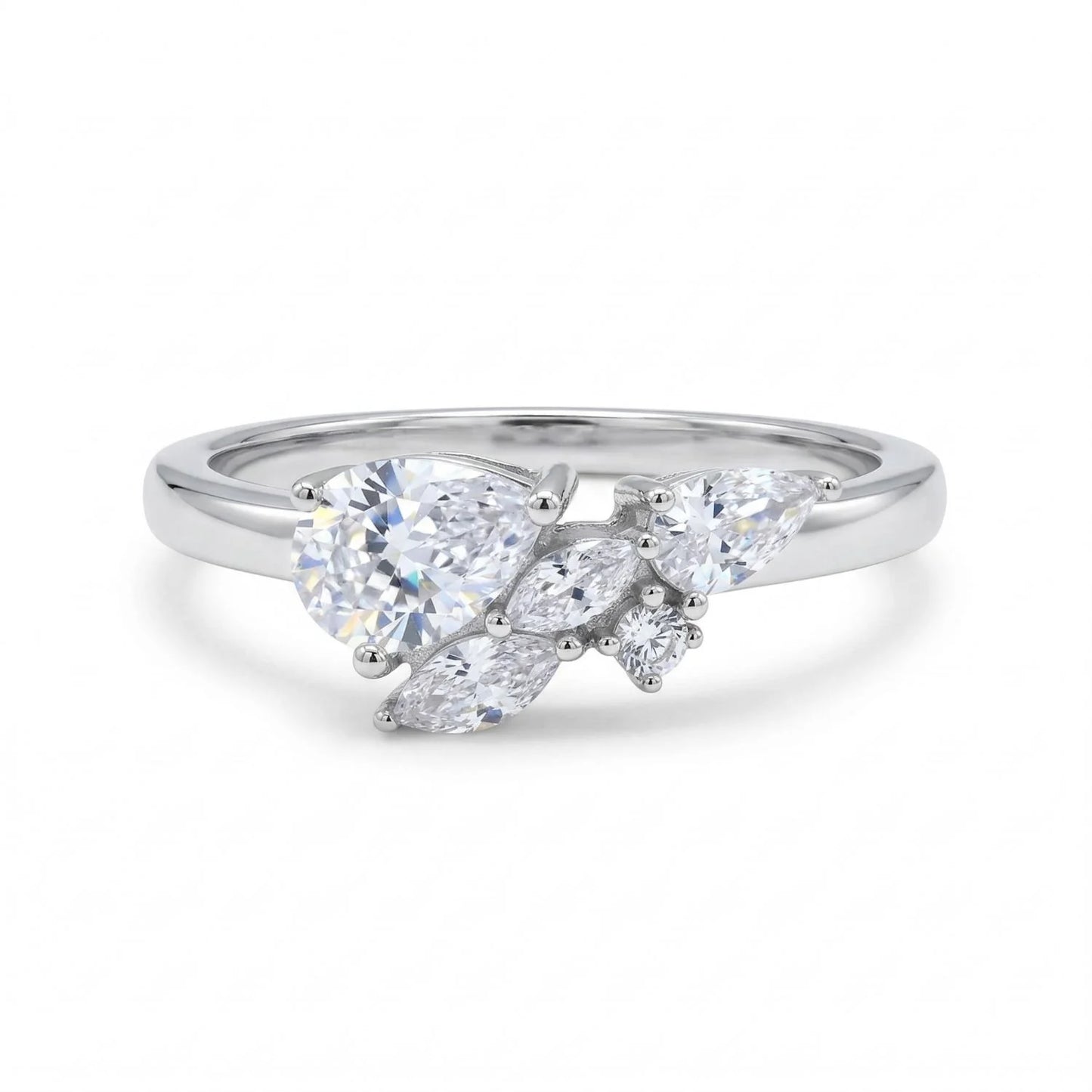 Pear Marquise Round CZ Cluster Ring Rhodium Plated 925 Sterling Silver Sizes 6-9