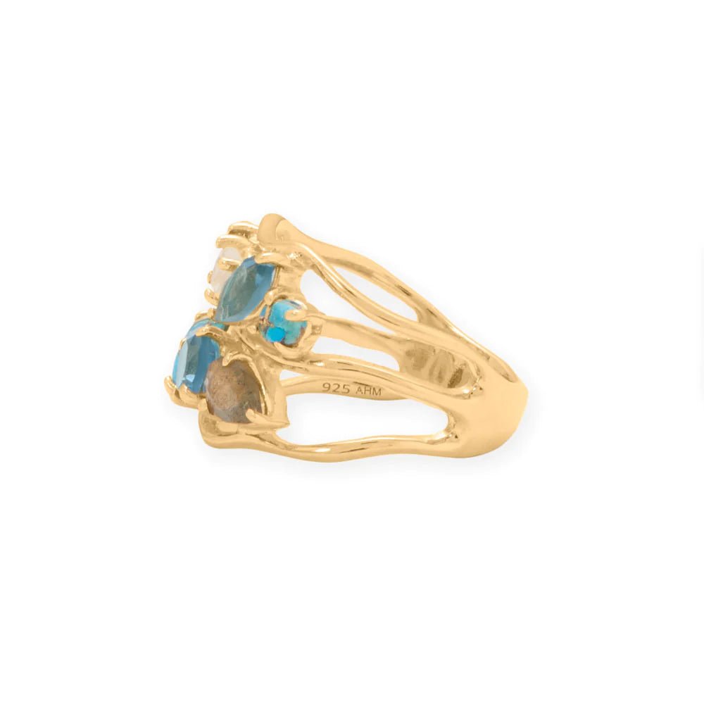 14 Karat Gold Plated Blue Multi Stone Cluster Ring