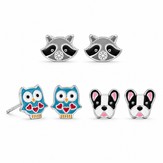 Animal Enamel Studs 925 Sterling Silver Owl Raccoon Dog 3 Pairs Gift Box