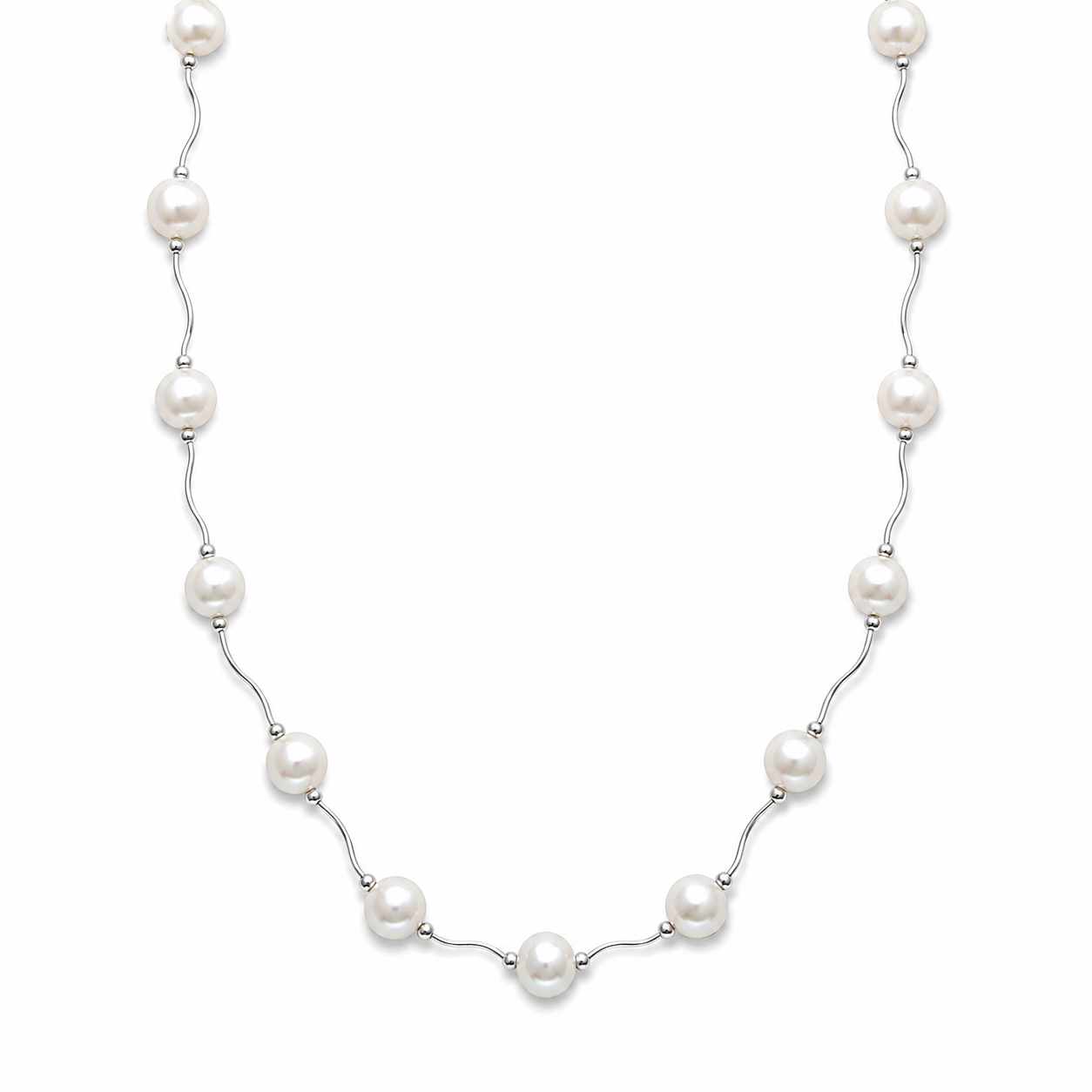 Wave Design Cultured Freshwater Pearl Necklace 925 Sterling Silver 8.5mm 16+2 Inch