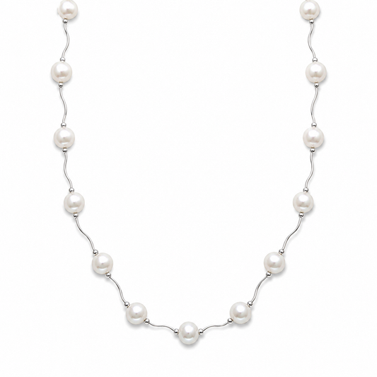 Wave Design Cultured Freshwater Pearl Necklace 925 Sterling Silver 8.5mm 16+2 Inch