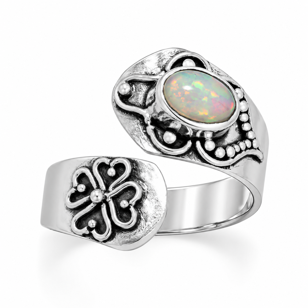 Oxidized White Ethiopian Opal Wrap Ring 925 Silver 5x7mm Adjustable Sizes 5-9