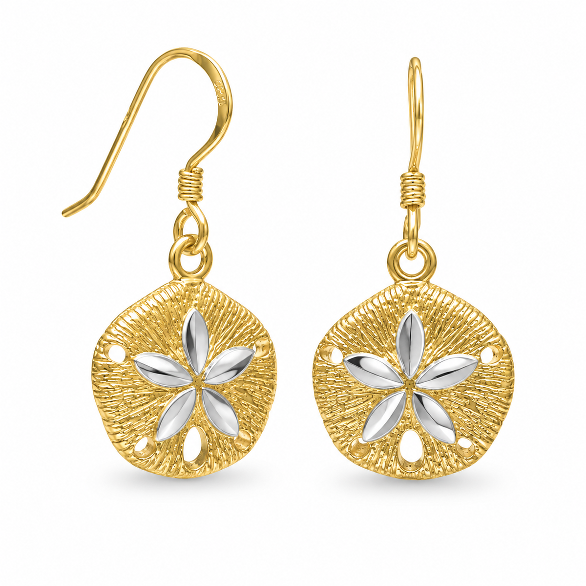 Diamond Cut Sand Dollar French Wire Earrings 14K Gold Plated 925 Silver 13mm