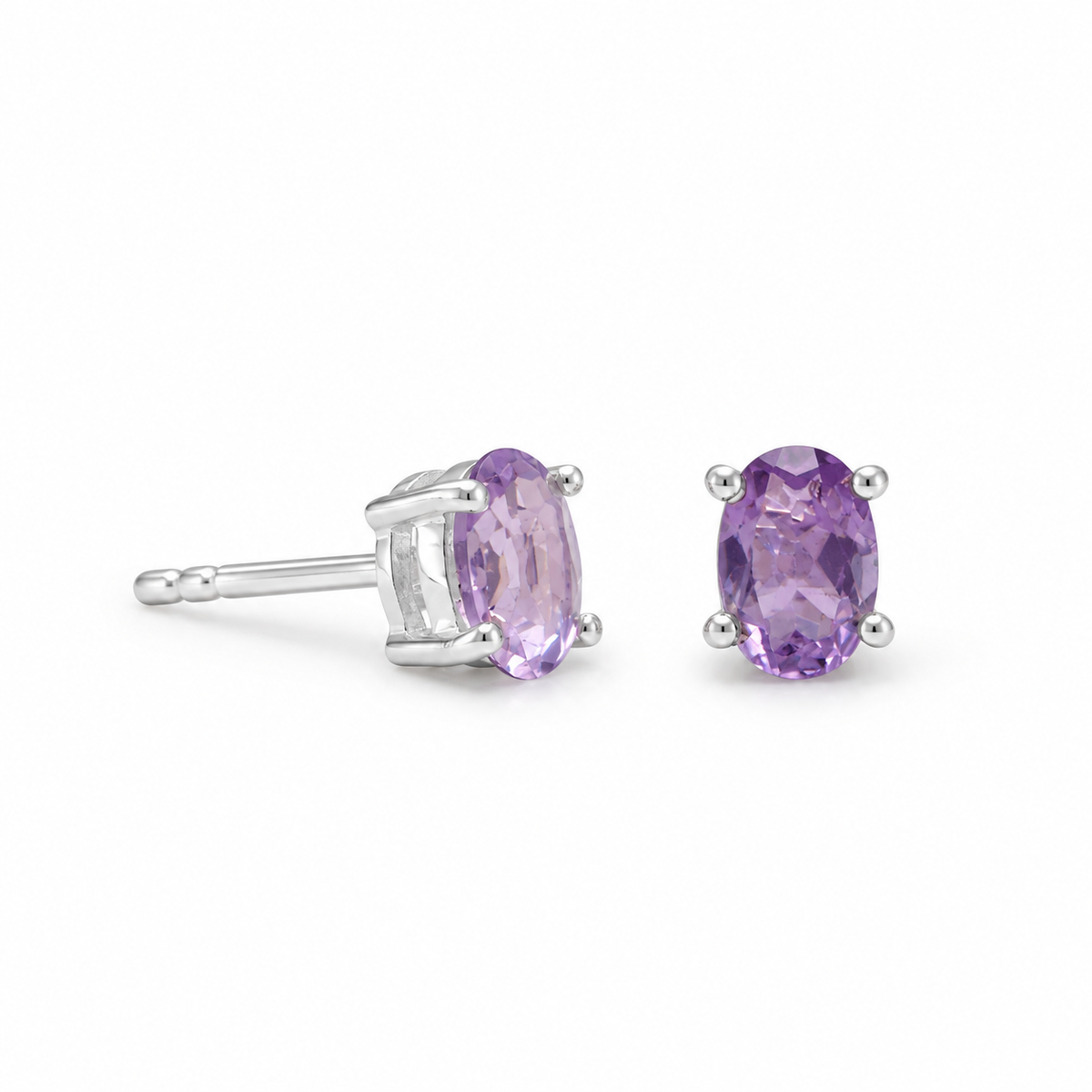 Faceted Oval Amethyst Stud Earrings 925 Sterling Silver 4x6mm