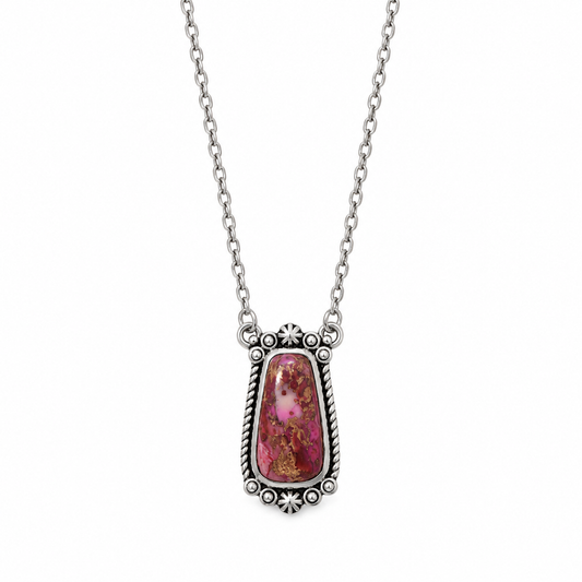Pink Spiny Oyster Necklace Oxidized 925 Silver Compressed 14x7mm Rope Bead 18+2in