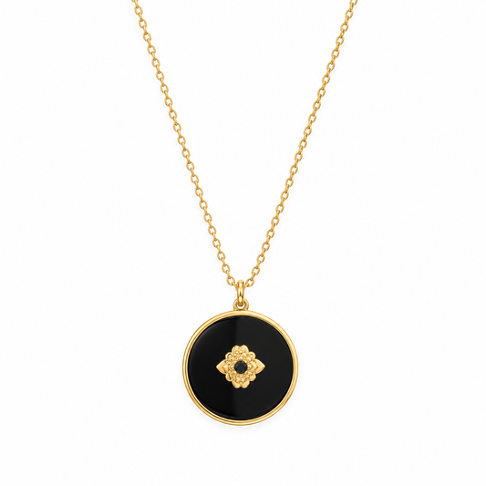 Mother of Pearl Black Onyx Reversible Necklace 14K Gold 925 Silver 20mm 20+2in