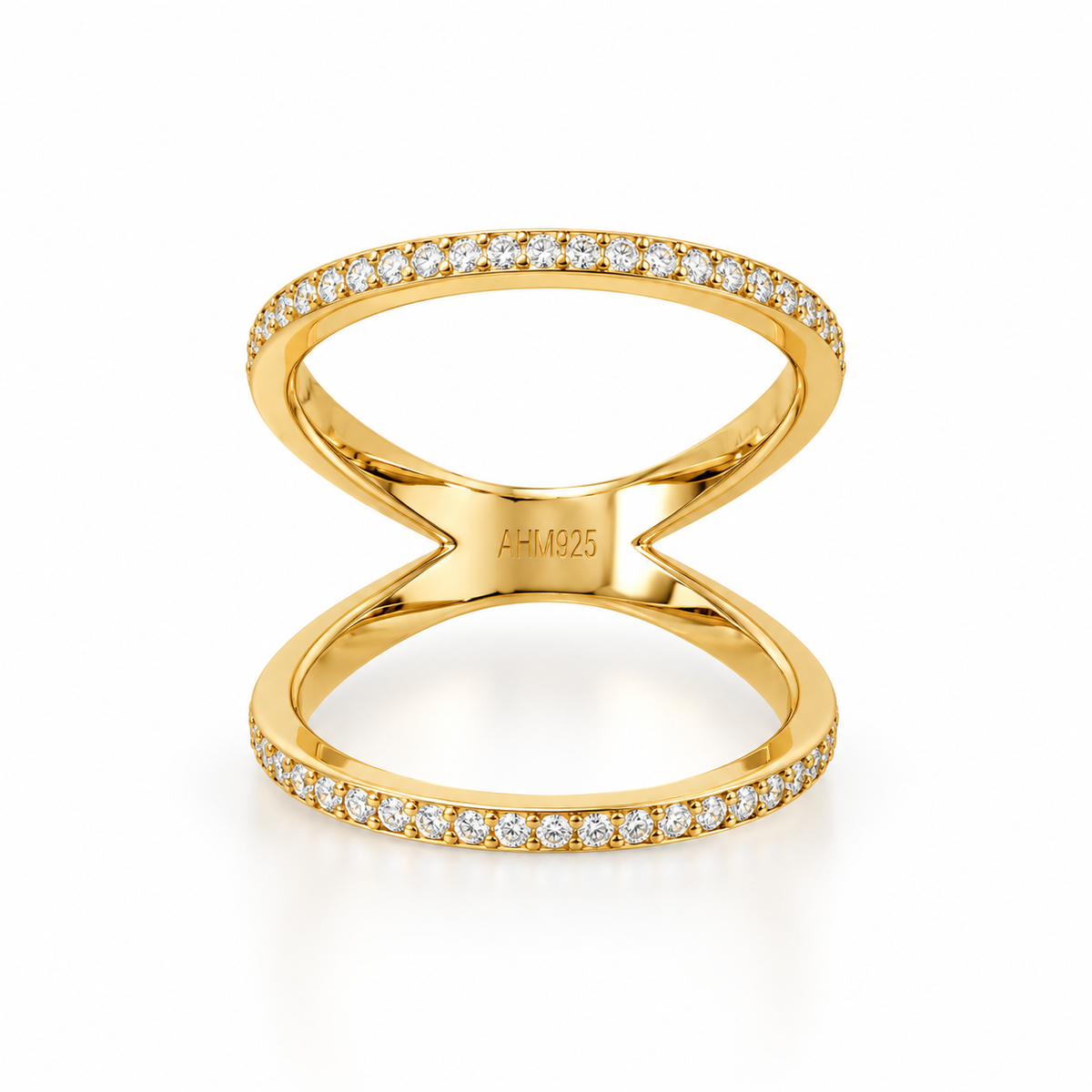 14K Gold Plated CZ Double Band Knuckle Ring 925 Silver 2mm 1mm CZ 4.6mm Sizes 5-10