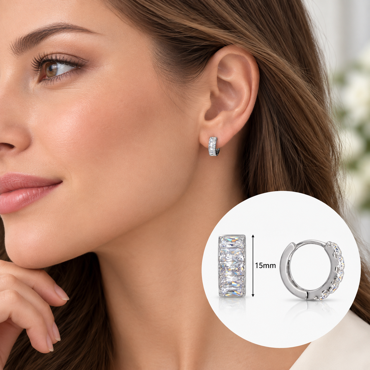 Baguette CZ Chunky Hoop Earrings Rhodium Plated 925 Sterling Silver 15mm