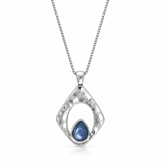 Kyanite Necklace Oxidized 925 Silver Kite Hammered Cutout 26.6x33.7mm 8x10mm 18in