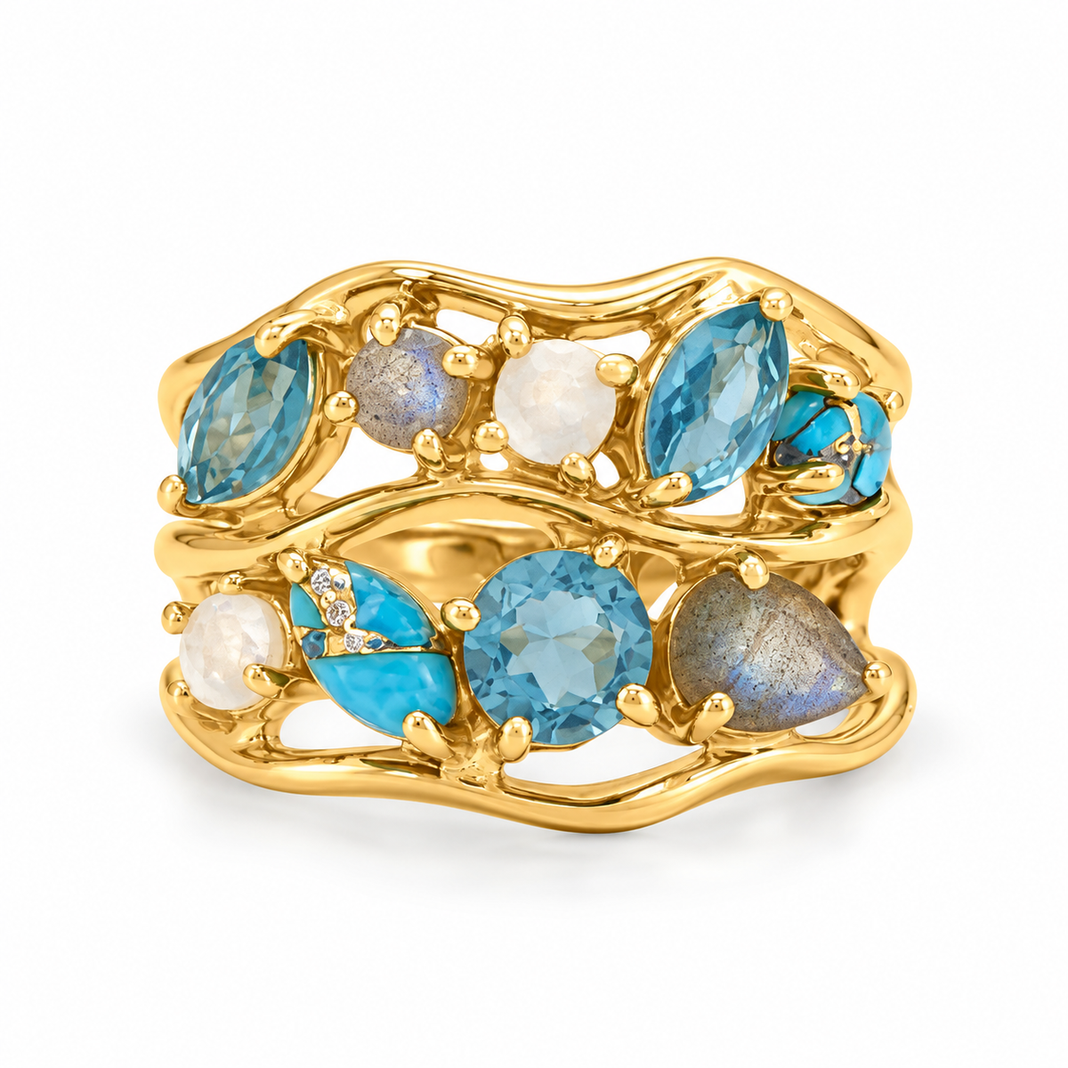 Blue Multi Stone Cluster Ring 14K Gold Plated 925 Silver 14.9mm Wide Sizes 7-10
