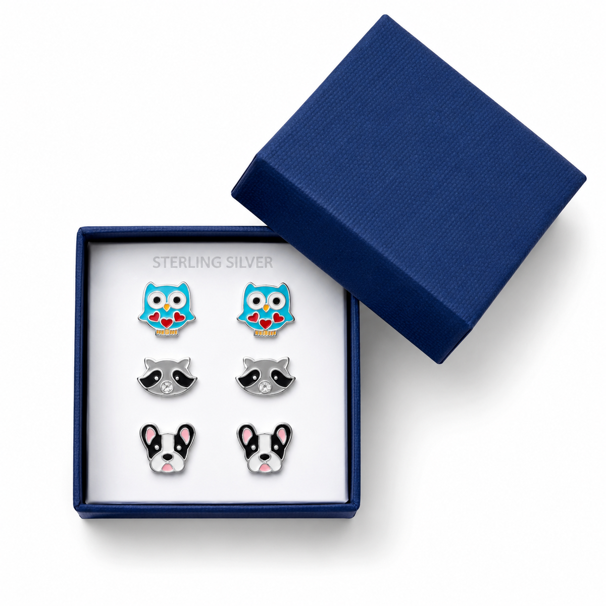 Animal Enamel Studs 925 Sterling Silver Owl Raccoon Dog 3 Pairs Gift Box