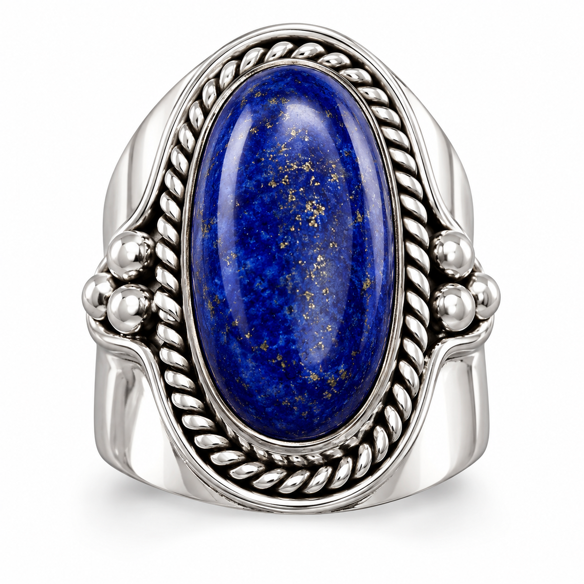Oxidized Oval Lapis Lazuli Ring 925 Silver Rope Bead Design 20.5x10mm Sizes 6-9