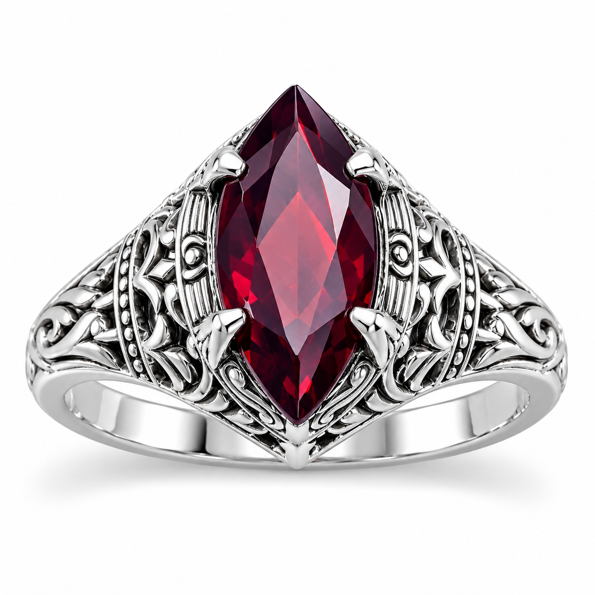 Natural Garnet Marquise Ring Oxidized 925 Sterling Silver Vintage 15x7mm