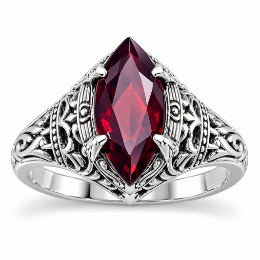 Natural Garnet Marquise Ring Oxidized 925 Sterling Silver Vintage 15x7mm