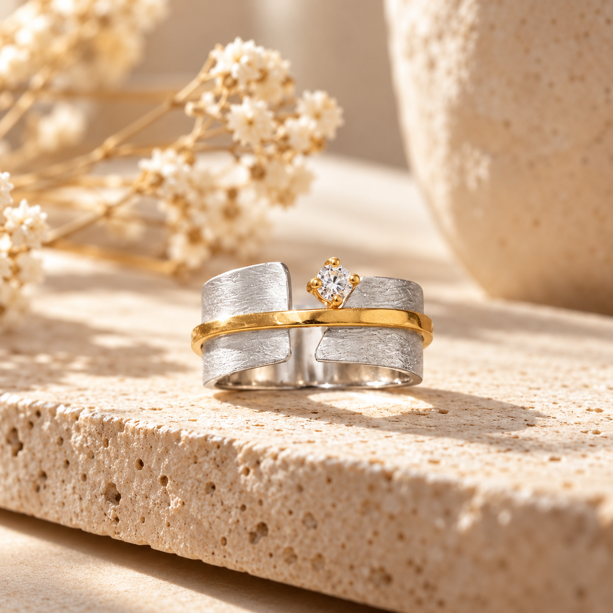Art Deco CZ Ring 925 Silver Satin Split Band 8.6mm 14K Gold Center 3mm Sizes 5-9
