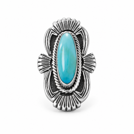 Navajo Campitos Stabilized Turquoise Ring 925 Silver Richard Wylie 26x7mm Sizes 7-10