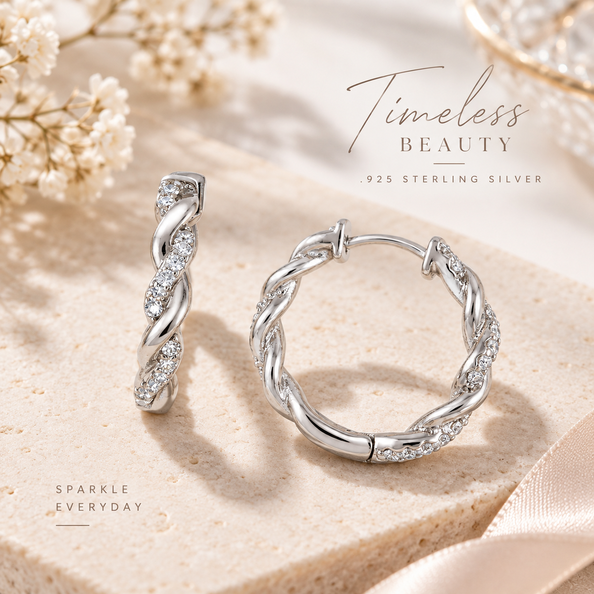 CZ Full Twist Hoop Earrings Rhodium Plated 925 Sterling Silver 20mm