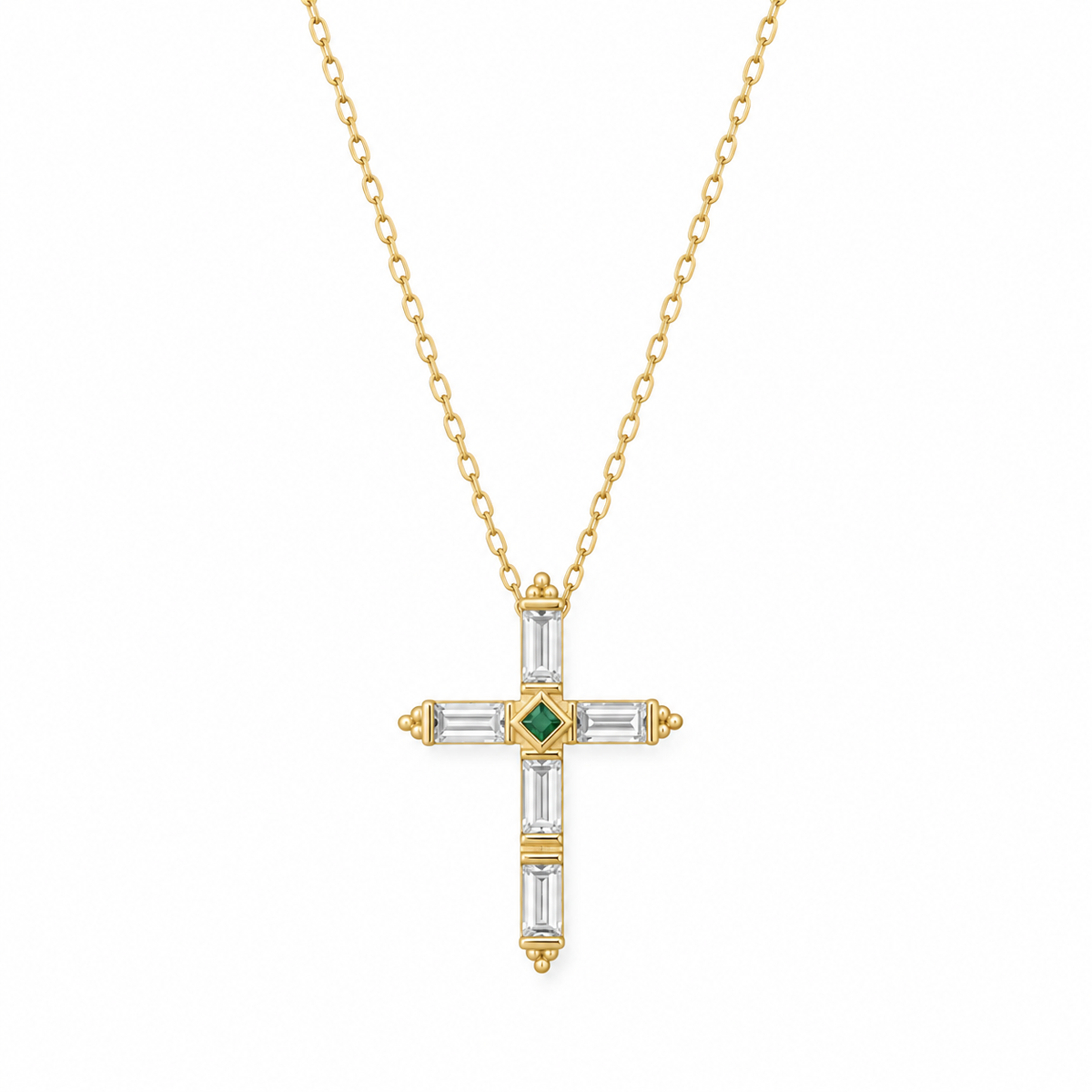 White CZ Baguette Cross Necklace 14K Gold Plated 925 Silver Green CZ 20x26.5mm