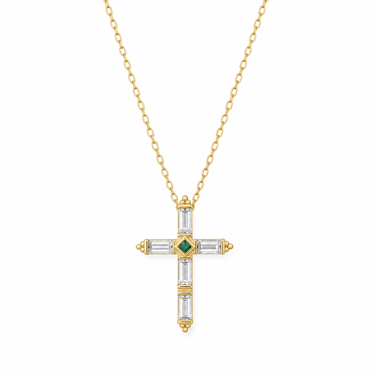 White CZ Baguette Cross Necklace 14K Gold Plated 925 Silver Green CZ 20x26.5mm