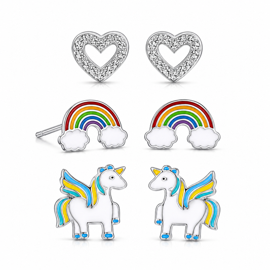 Magical Enamel Studs 925 Sterling Silver Rainbow Heart Unicorn 3 Pairs Gift Box