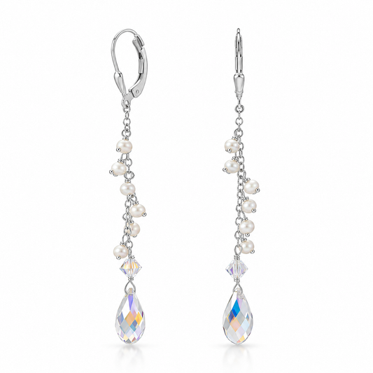 Swarovski Crystal Pearl Drop Earrings 925 Sterling Silver Lever Back 55mm
