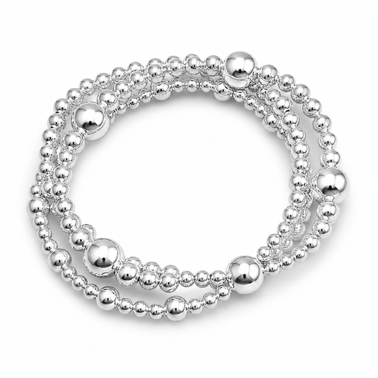 Triple Strand Silver Bead Stretch Bracelet 925 Sterling Silver Mixed Size 8in