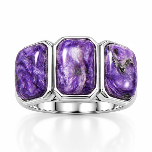 Three Rectangle Charoite Tapered Band Ring 925 Silver 10x7mm 7mm-3mm Sizes 6-9