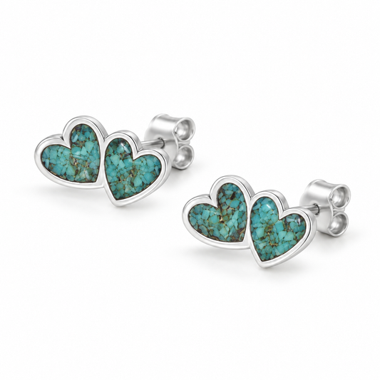 Turquoise Chip Double Heart Stud Earrings Oxidized 925 Sterling Silver 10.7mm