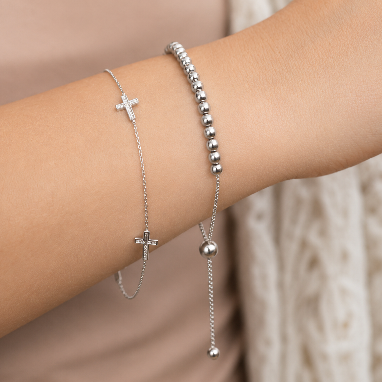 Round Bead Bolo Bracelet Rhodium Plated 925 Silver Italy Adjustable 9.5in