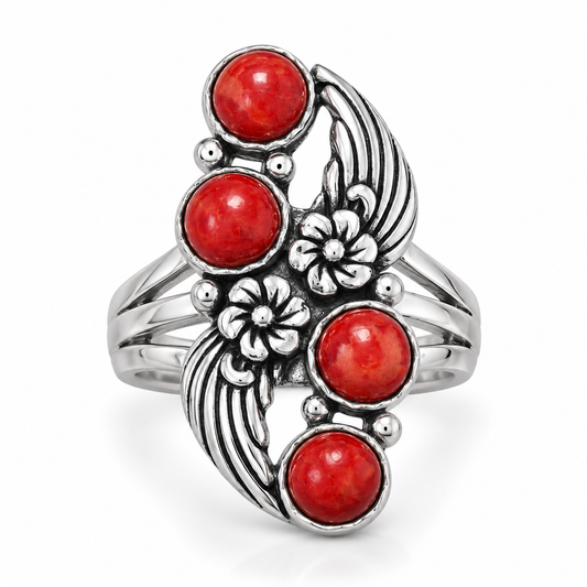 Oxidized Floral Dyed Red Coral Ring 925 Silver 5.5mm 31x14.5mm Sizes 6-9