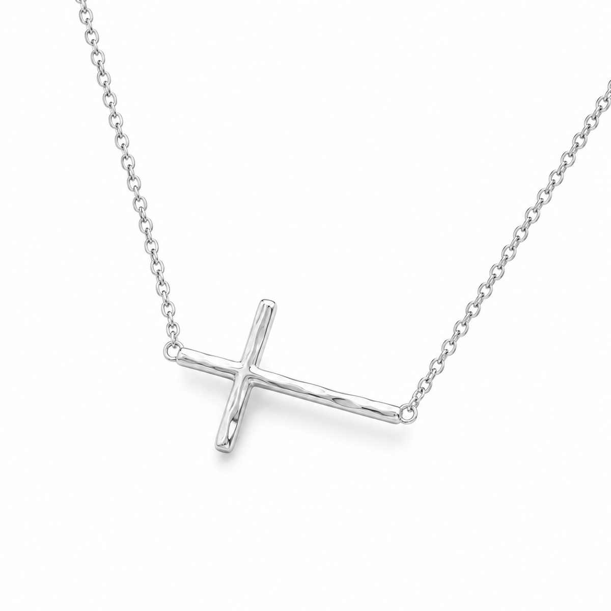 Polished Sideways Cross Necklace Rhodium 925 Silver 15x25mm Spring Ring 16+2