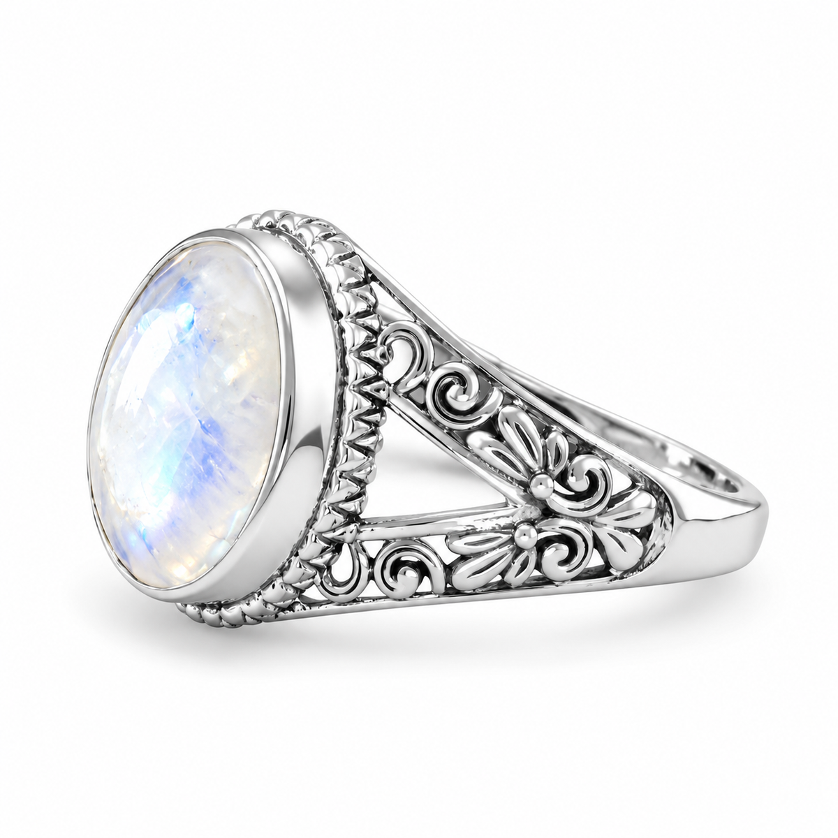 Oxidized Ornate Split Band Faceted Rainbow Moonstone Ring 925 Silver 10.5x12mm