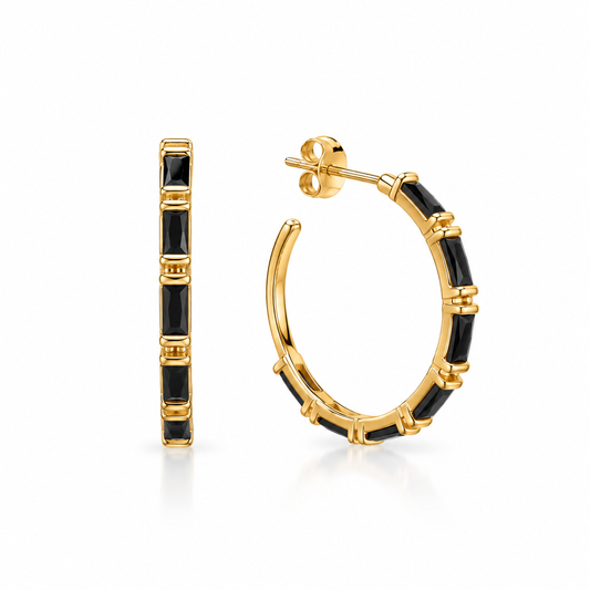 Black Baguette CZ Hoop Earrings 14K Gold Plated 925 Sterling Silver 30mm