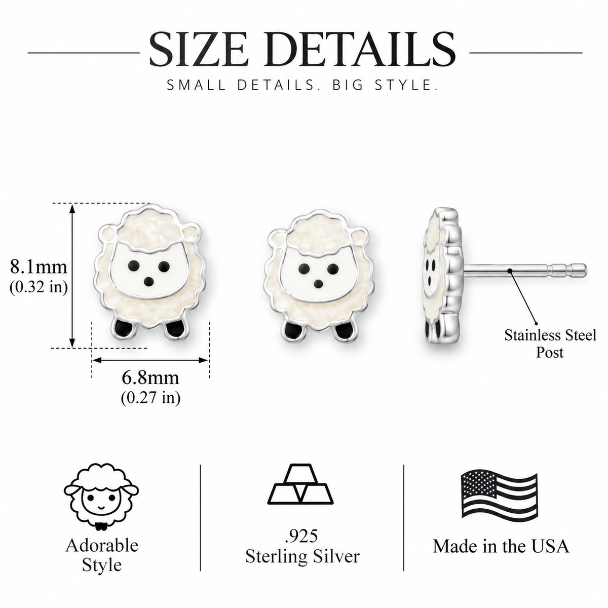 Pearly White Enamel Lamb Stud Earrings 925 Sterling Silver 8.1mm