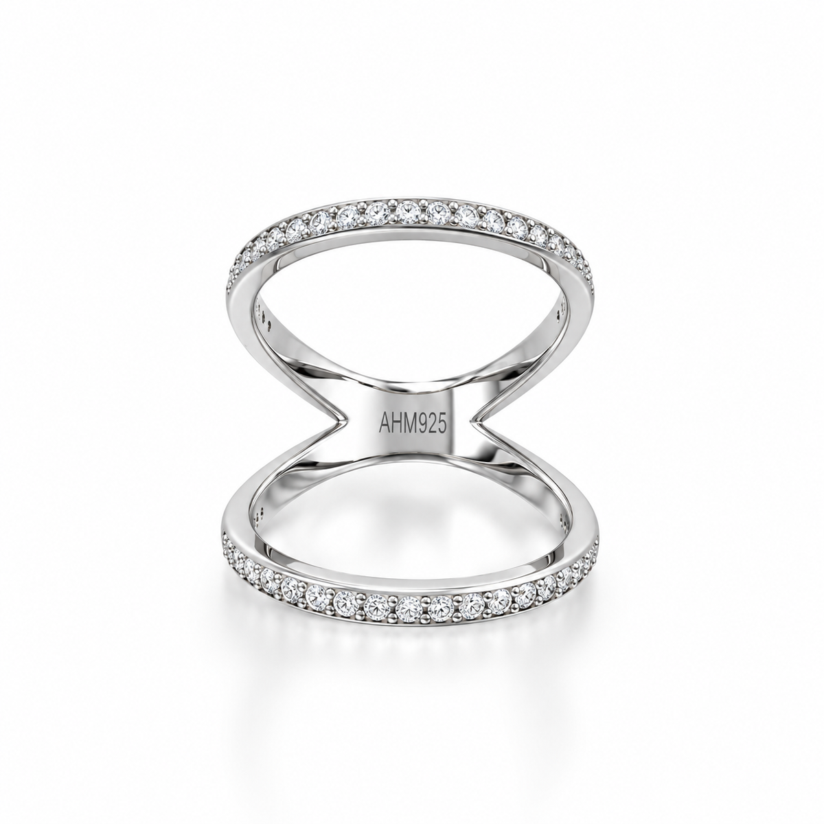 Rhodium Plated CZ Double Band Knuckle Ring 925 Silver 2mm 1mm CZ 4.6mm Sizes 5-10