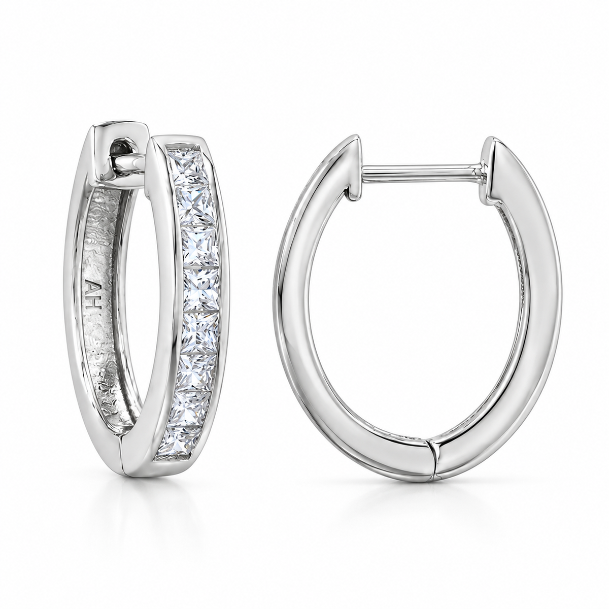 CZ Channel Set Hinged Hoop Earrings Rhodium Plated 925 Sterling Silver 15.5mm
