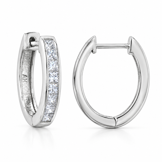 CZ Channel Set Hinged Hoop Earrings Rhodium Plated 925 Sterling Silver 15.5mm