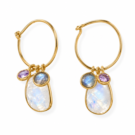 Moonstone Labradorite Amethyst Hoop Earrings 14K Gold Plated 925 Silver 19mm