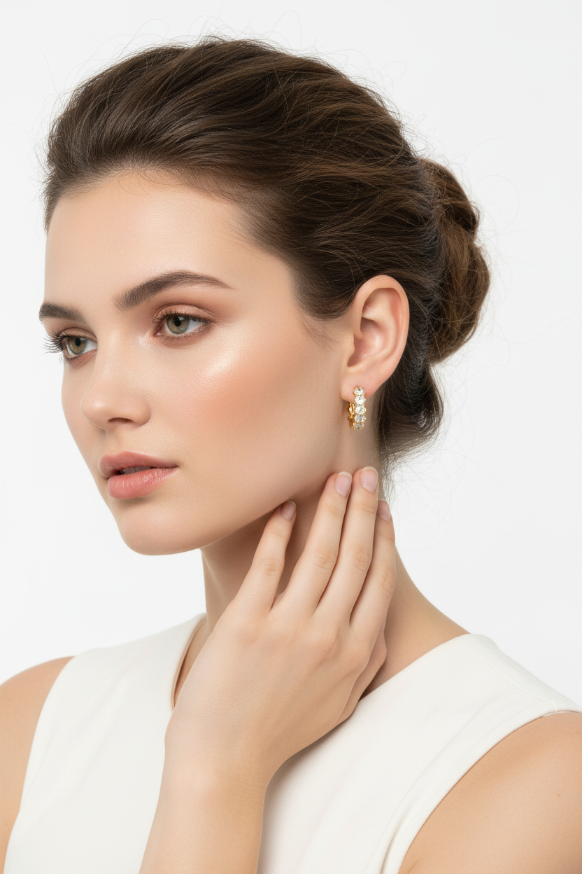 模特兒佩戴金色水晶圈形耳環 - 正面姿態