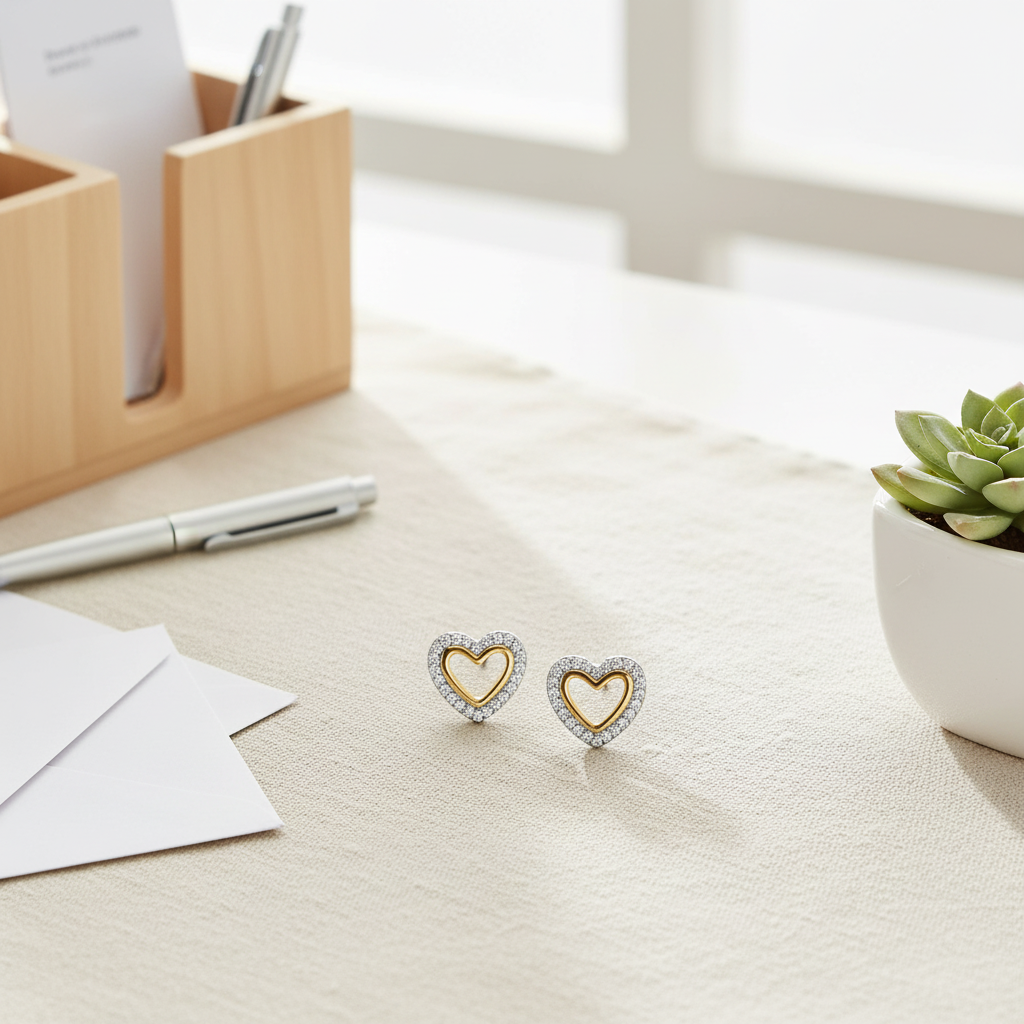 雙色愛心耳釘 - 書桌奶油色亞麻布背景