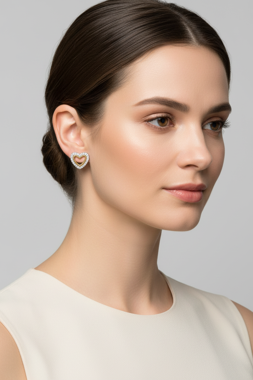 模特兒佩戴雙色愛心耳釘 - 撥髮展示