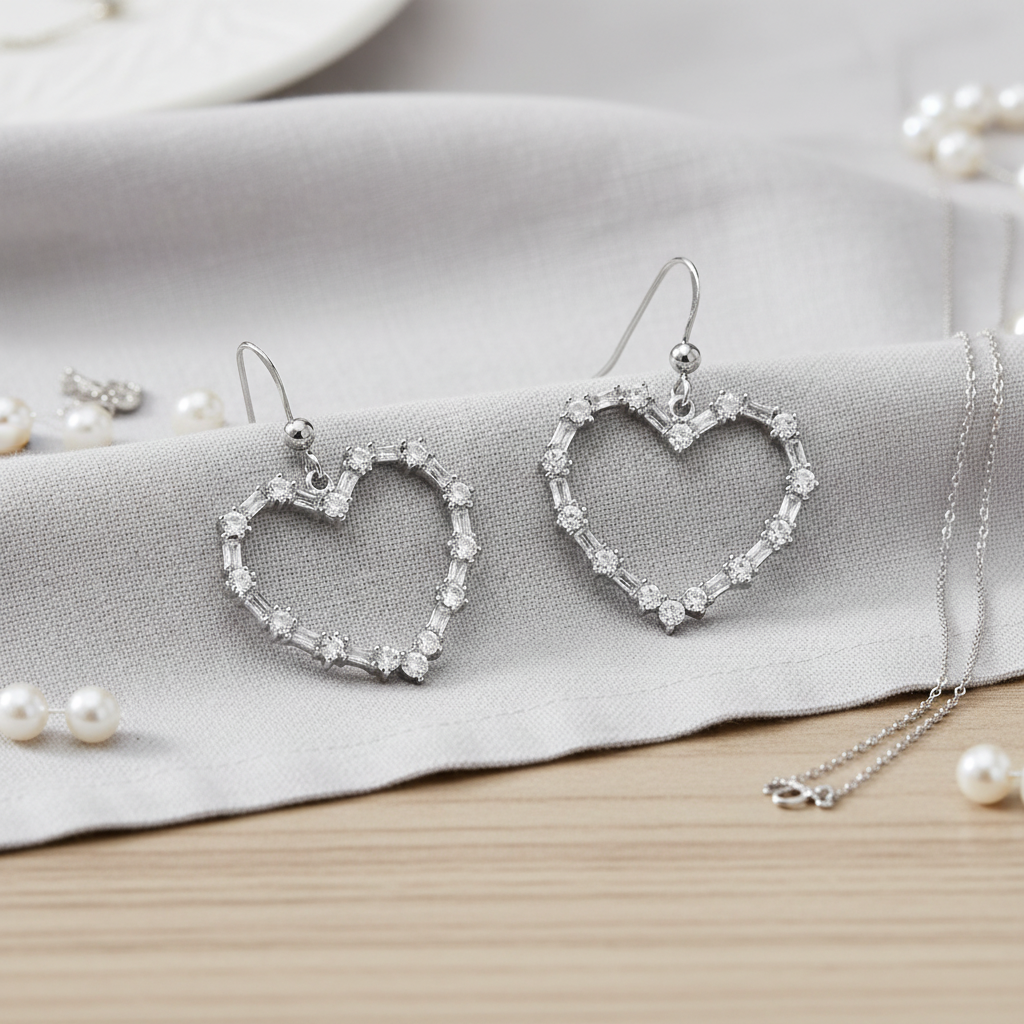 銀色水晶愛心耳環 - 梳妝台淺灰色布料背景