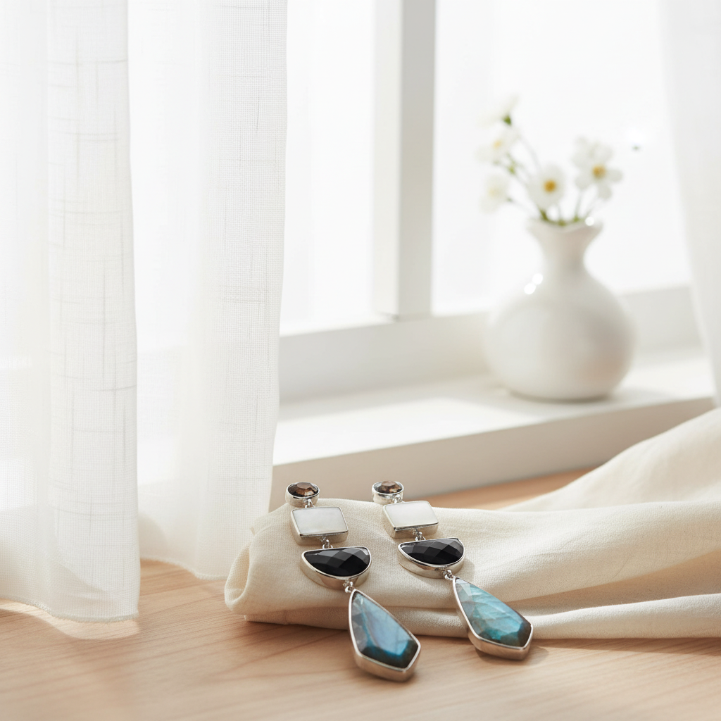 銀色多層寶石耳環 - 窗簾柔光