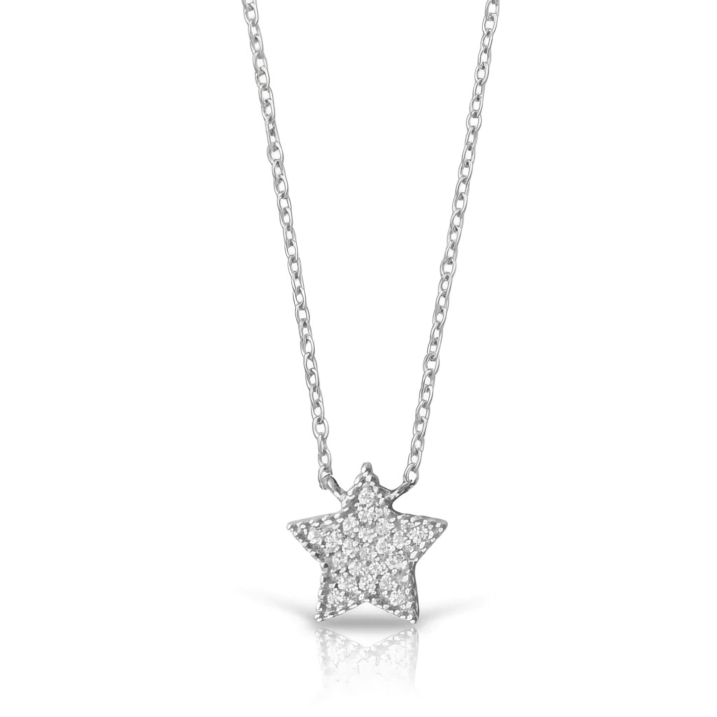 Sterling Silver Rhodium Plated Star Pendant Necklace with Pave CZ, 16 Inch Chain with 2 Inch Extender, Lobster Clasp