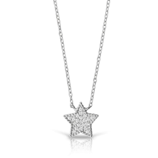 Sterling Silver Rhodium Plated Star Pendant Necklace with Pave CZ, 16 Inch Chain with 2 Inch Extender, Lobster Clasp