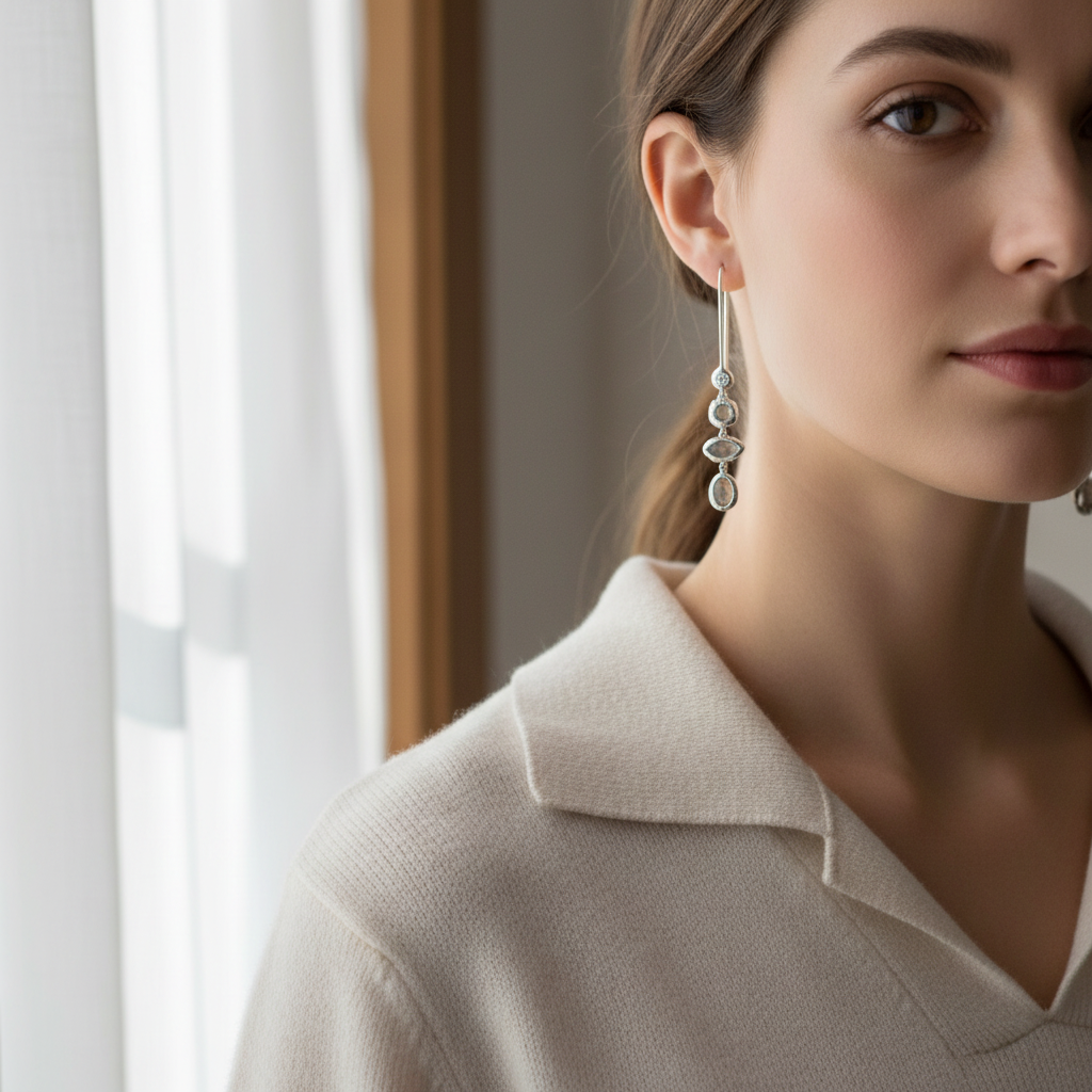 銀色多層寶石耳環 - 清晨自然光